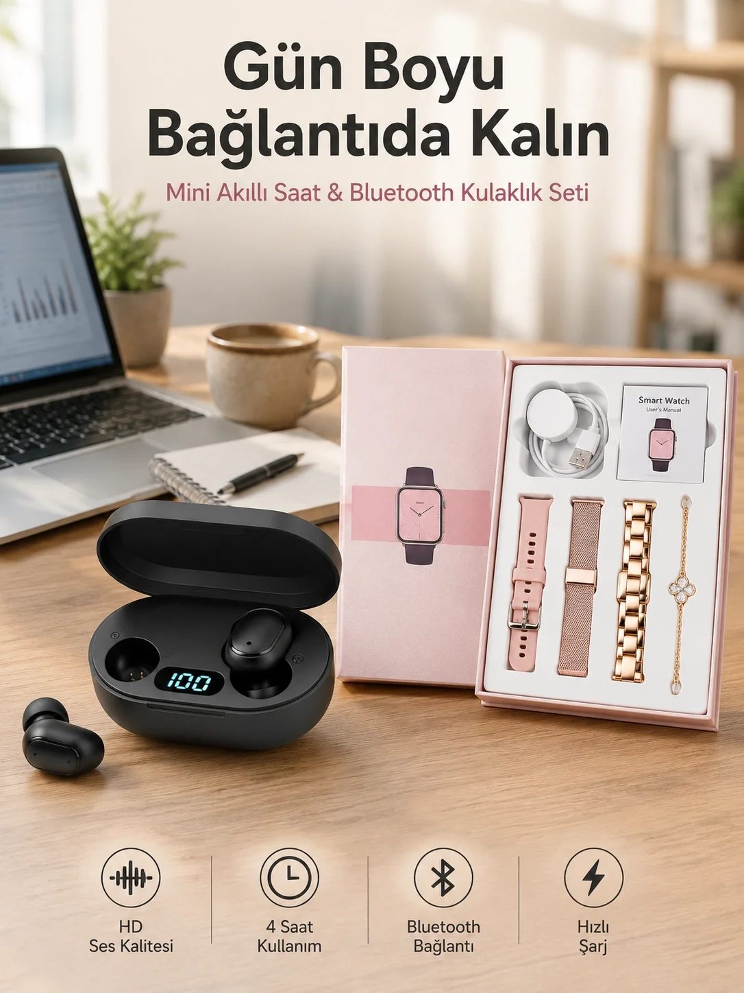 Nabız Ölçer Hediye Bileklikli Akıllı Saat ve Dijital Göstergeli Bluetooth Kulaklık Çoklu Şarj Girişi Fiyatı, Yorumları ve Özellikleri