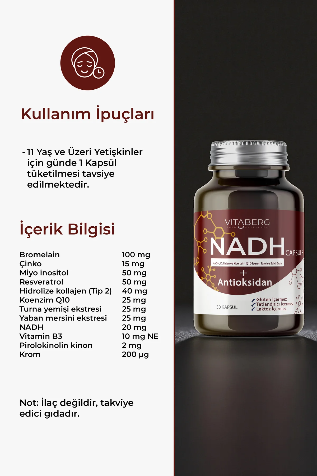 NADH Antioksidan+ | PQQ, Koenzim Q10, Resveratrol, Kolajen Tip II