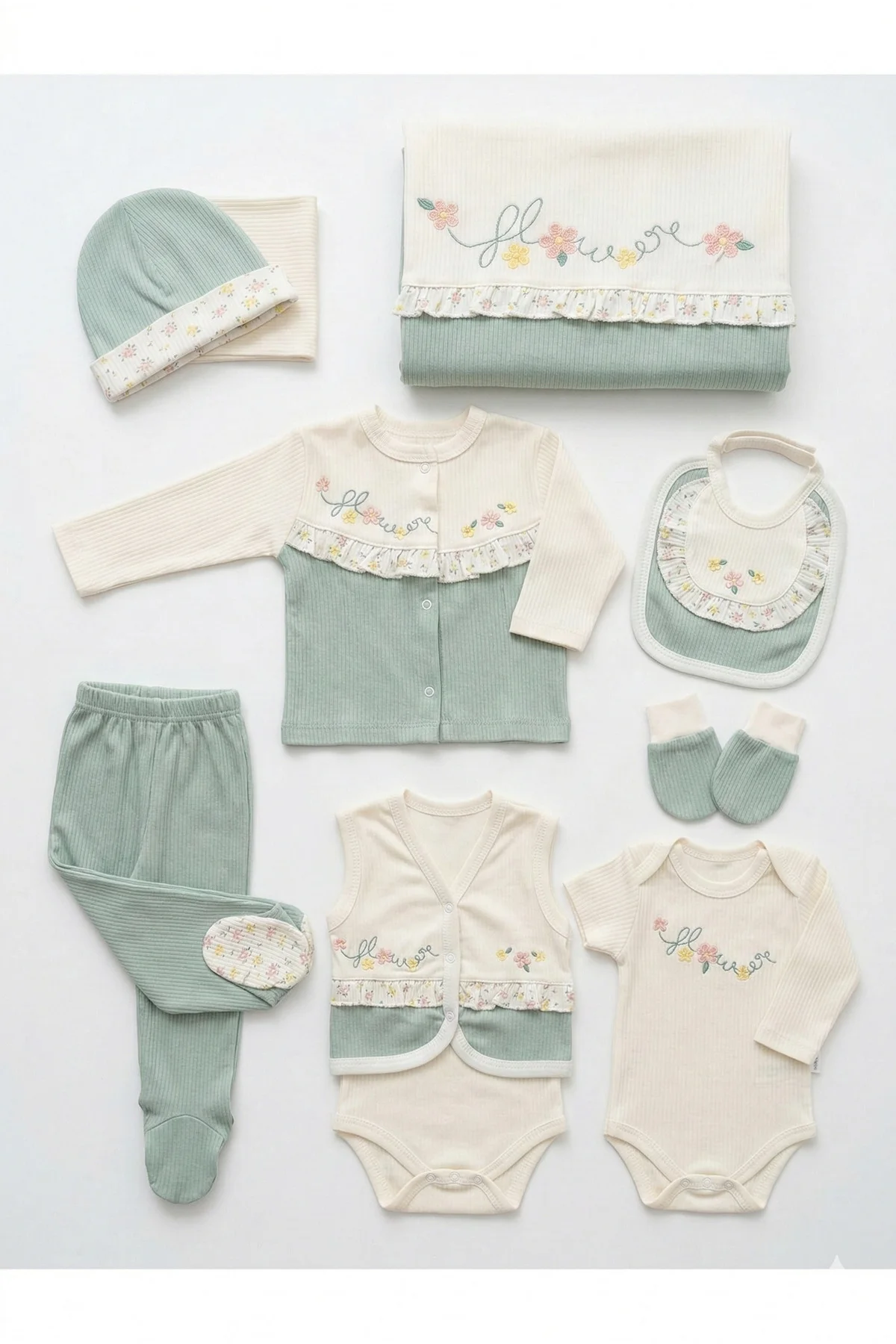 Nakışlı %100 Pamuk Unisex Bebek Hastane Çıkışı 10’lu Set – 0–1 Yaş Nakışlı %100 Pamuk Unisex Bebek Hastane Çıkışı 10’lu Set – 0–1 Yaş