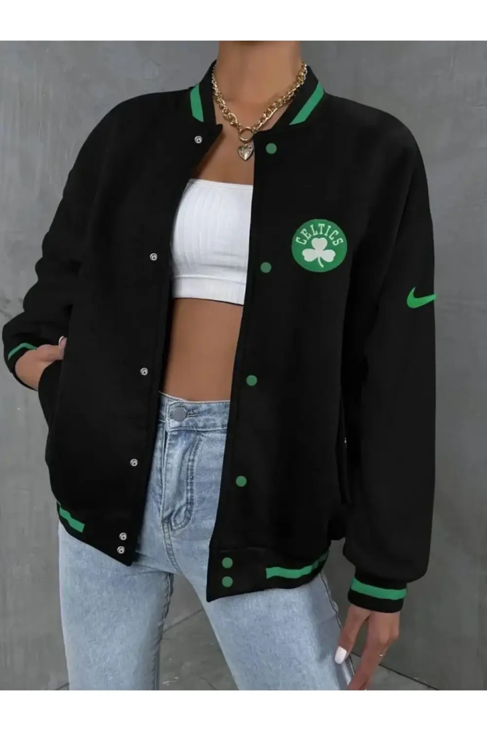 Nakışlı Dijital Sırt Baskılı Üç İplik Oversize Kolej Ceket - Siya