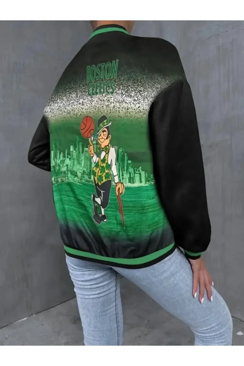 Nakışlı Dijital Sırt Baskılı Üç İplik Oversize Kolej Ceket - Siya