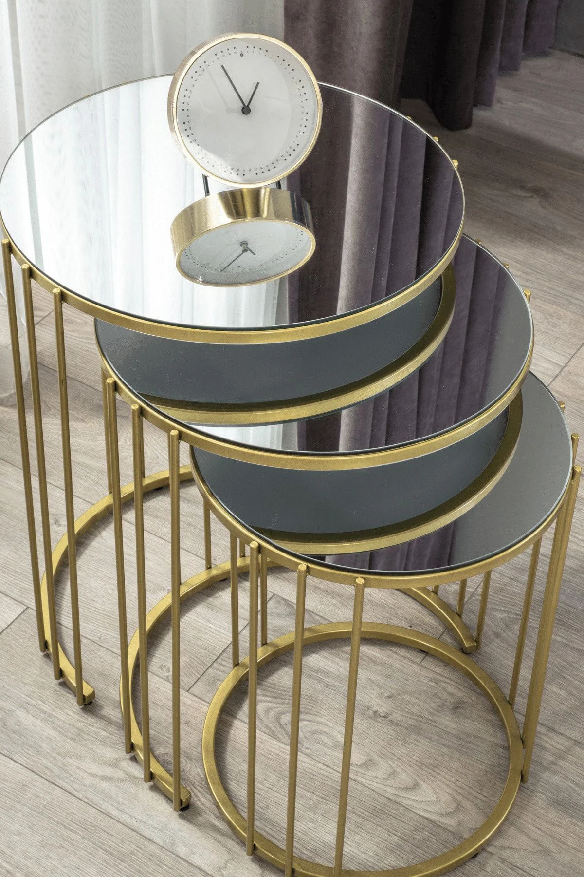 Napoli Gold Metal Ayaklı Aynalı Zigon Sehpa 3'lü