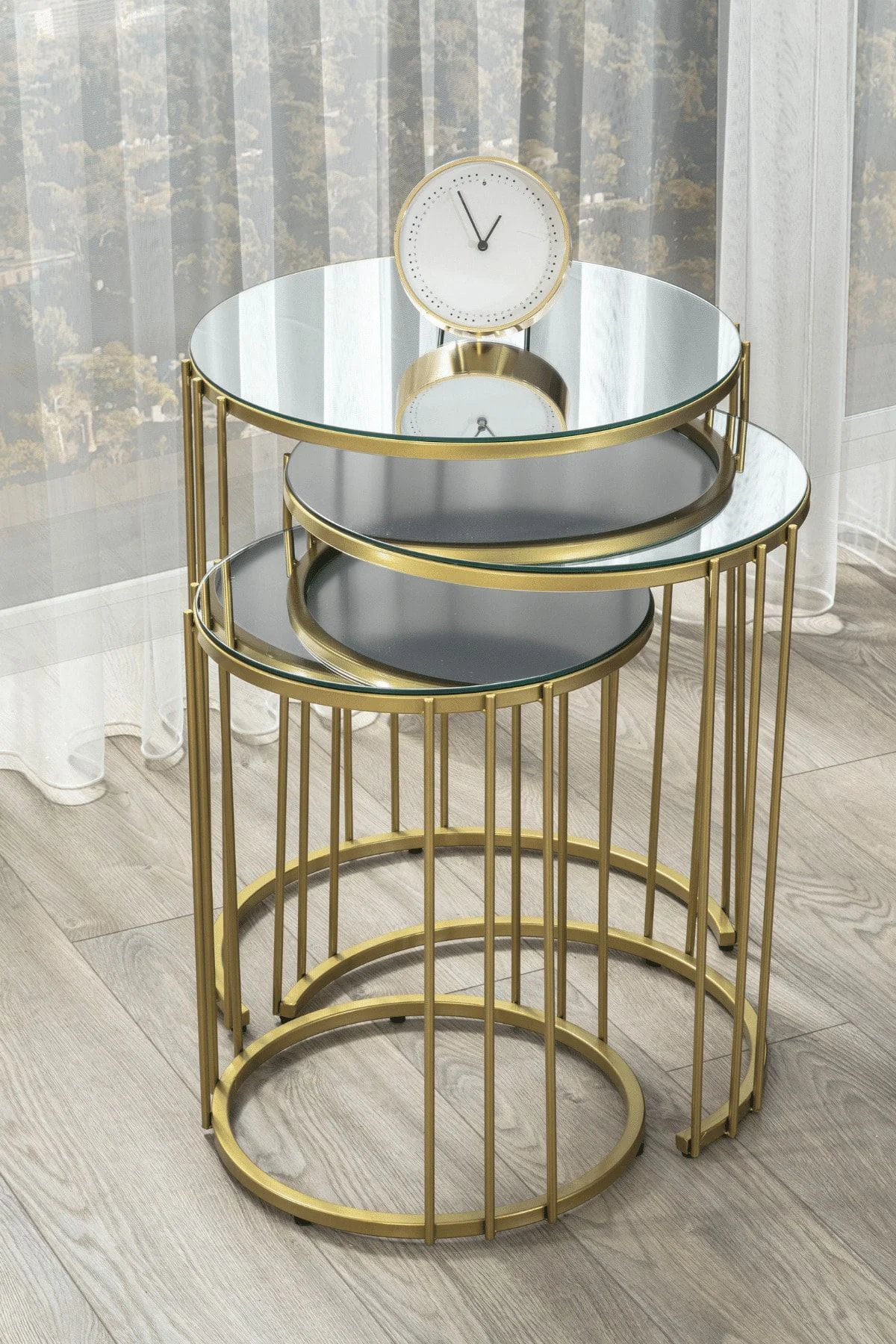 Napoli Gold Metal Ayaklı Aynalı Zigon Sehpa 3'lü