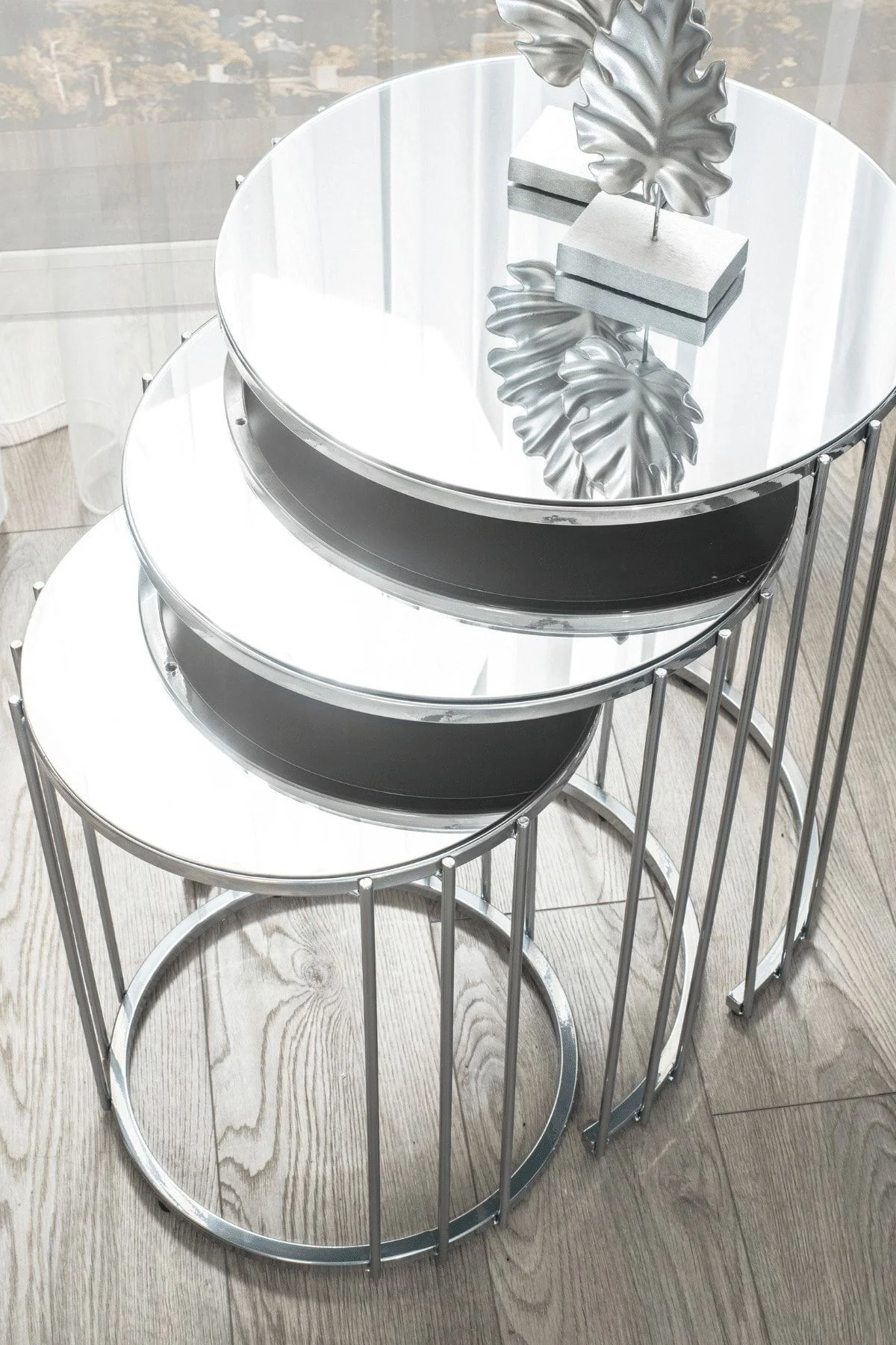 Napoli Krom Metal Ayaklı Aynalı Zigon Sehpa 3'lü