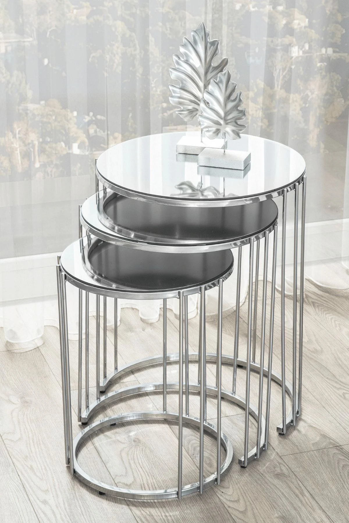 Napoli Krom Metal Ayaklı Aynalı Zigon Sehpa 3'lü