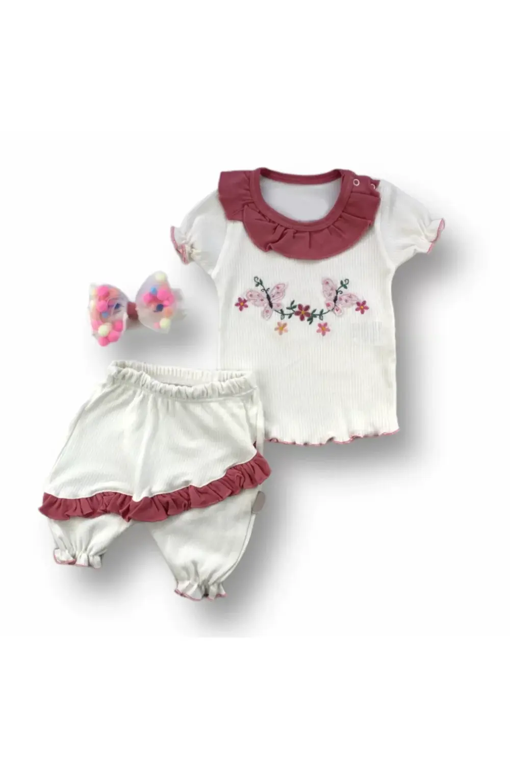 Nar Çiçeği Roman Şalvar Kısa Kollu 3'lü Bebek Kız Takımı