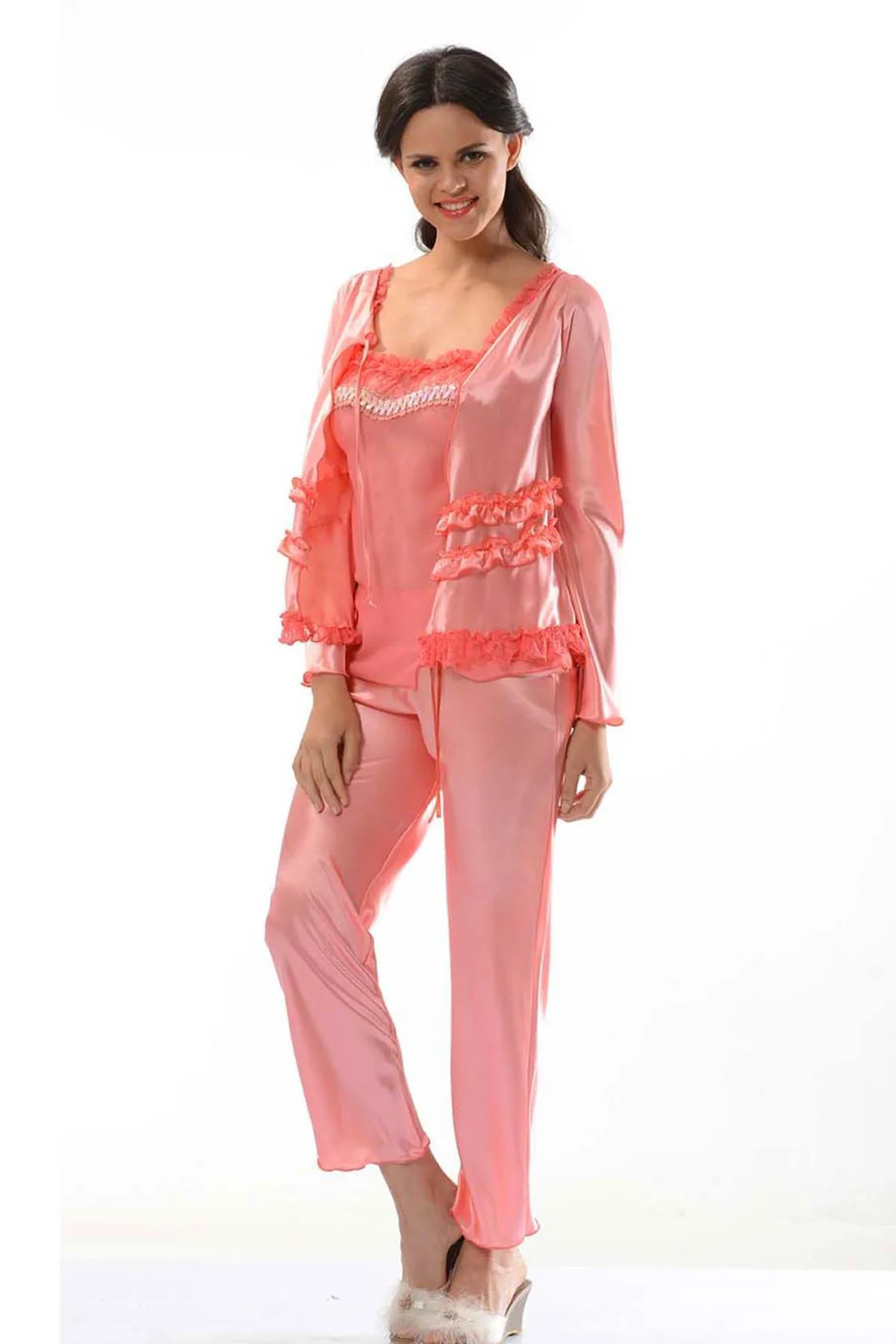 Nar Çiçeği Saten Pijama Takımı - 1413 Nar Çiçeği Saten Pijama Takımı - 1413