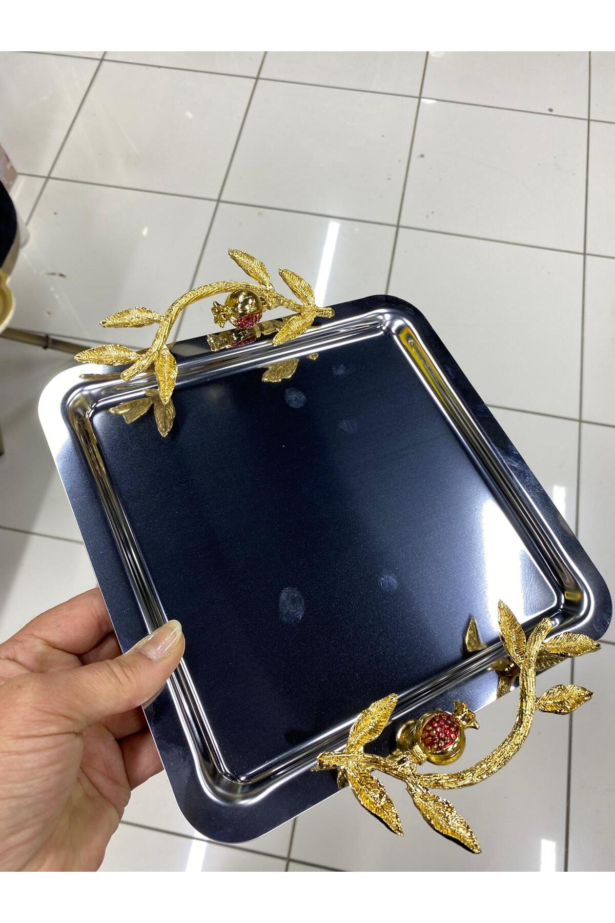 Elif Aksesuar Narlı Metal Kare Kahve Sunum Tepsisi