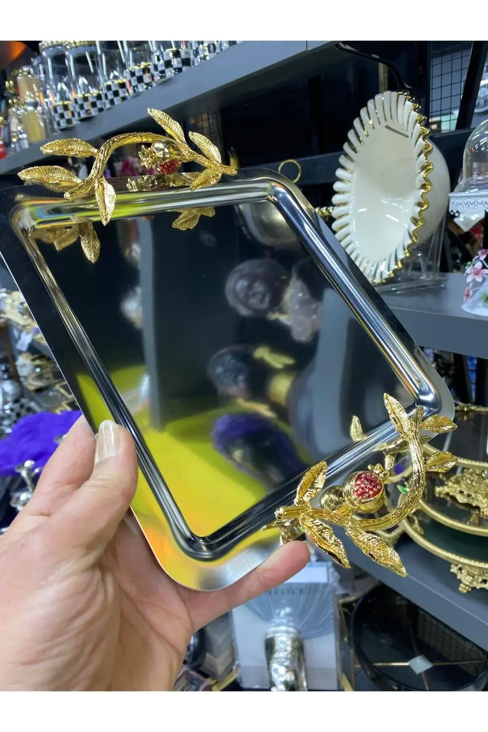 Narlı Metal Kare Kahve Sunum Tepsisi