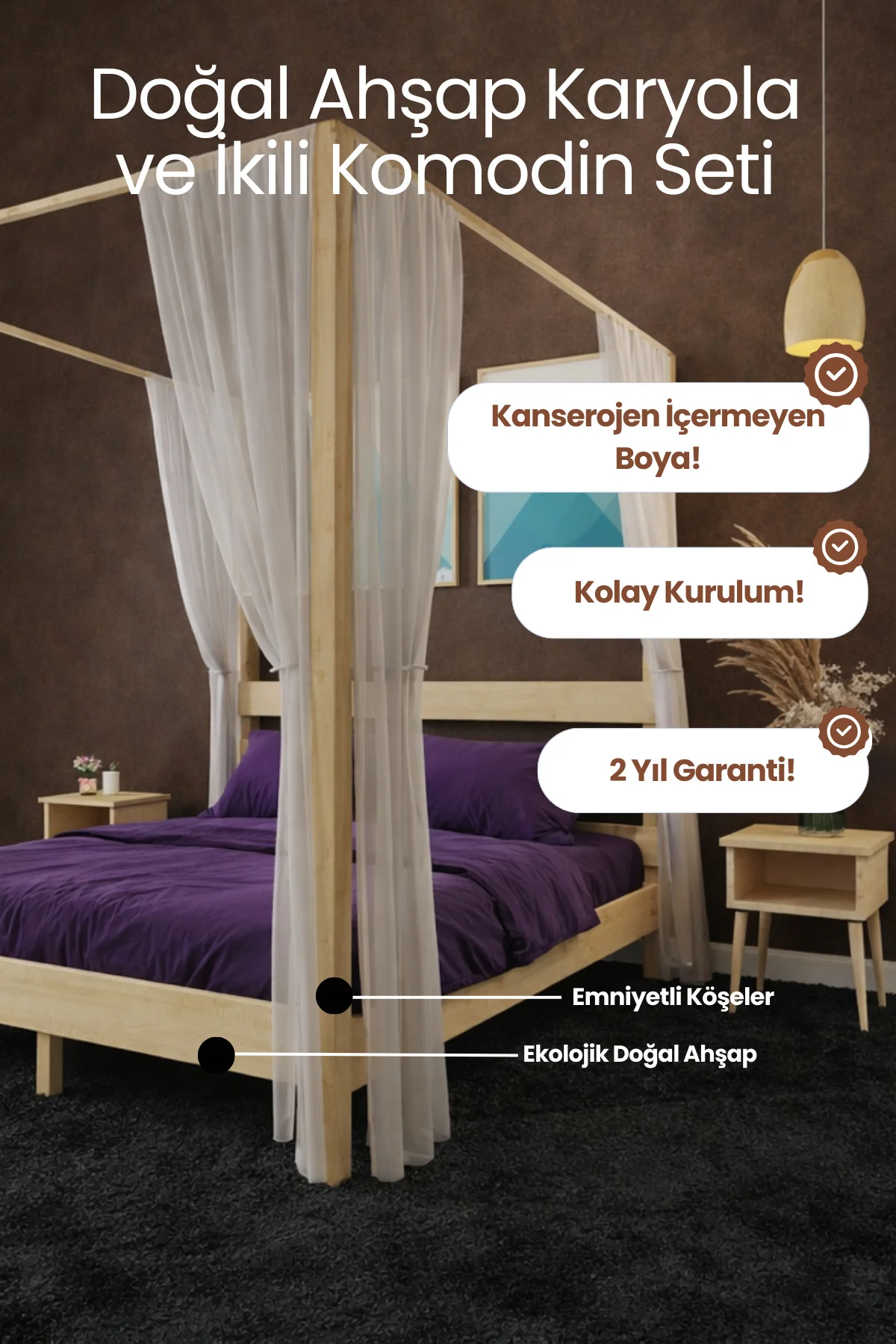 Natura Cibinlikli Model Masif Ahşap Karyola ve 2 Adet Komodin Kolay Kurulum Fırınlanmış İthal Sibirya Çamı 180x200 Yatak Uyumlu 2 Adet Komodin Natura Cibinlikli Model Masif Ahşap Karyola ve 2 Adet Komodin Kolay Kurulum Fırınlanmış İthal Sibirya Çamı 180x200 Yatak Uyumlu 2 Adet Komodin