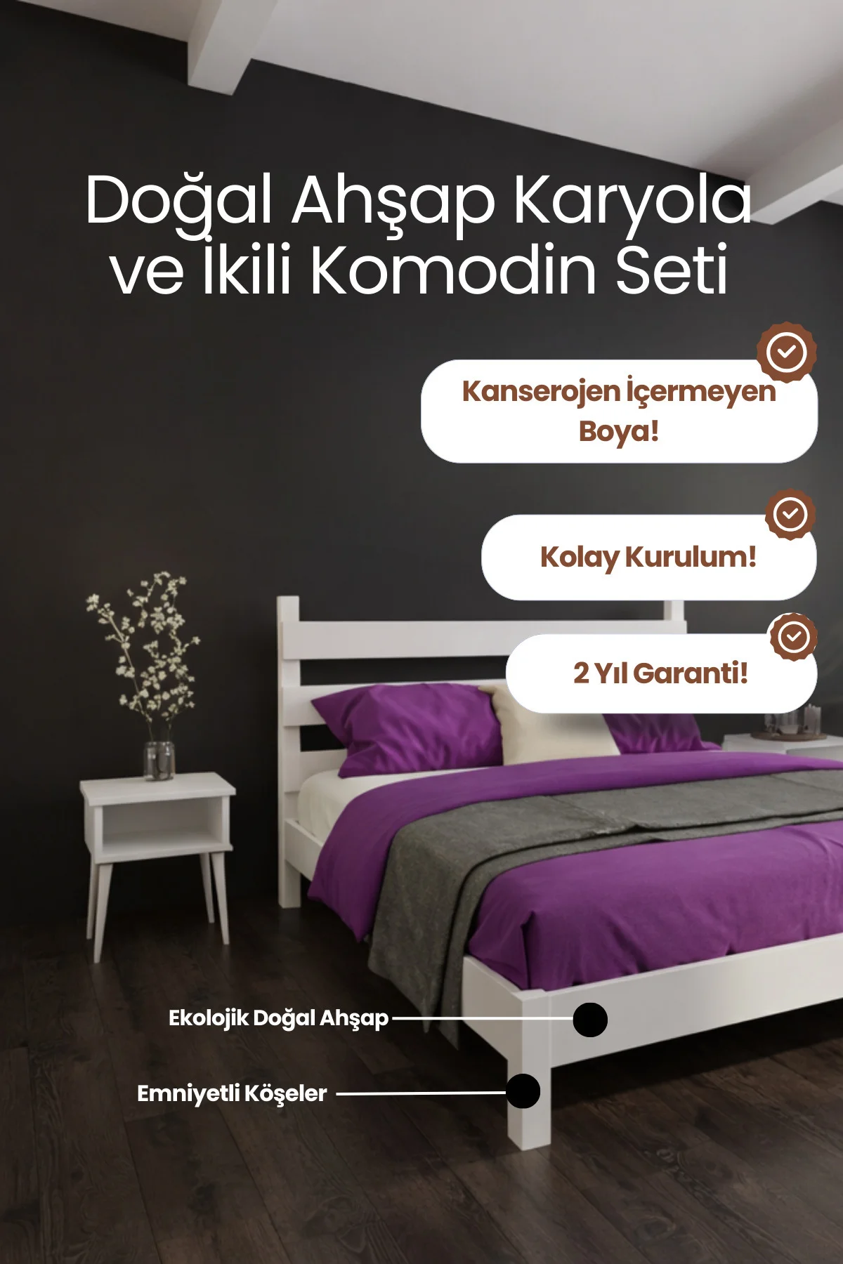 Natura Masif Çam Karyola Ve İki Adet Komodin Seti - Doğal Ahşap Yatak Odası Takımı Fiyatı, Yorumları ve Özellikleri