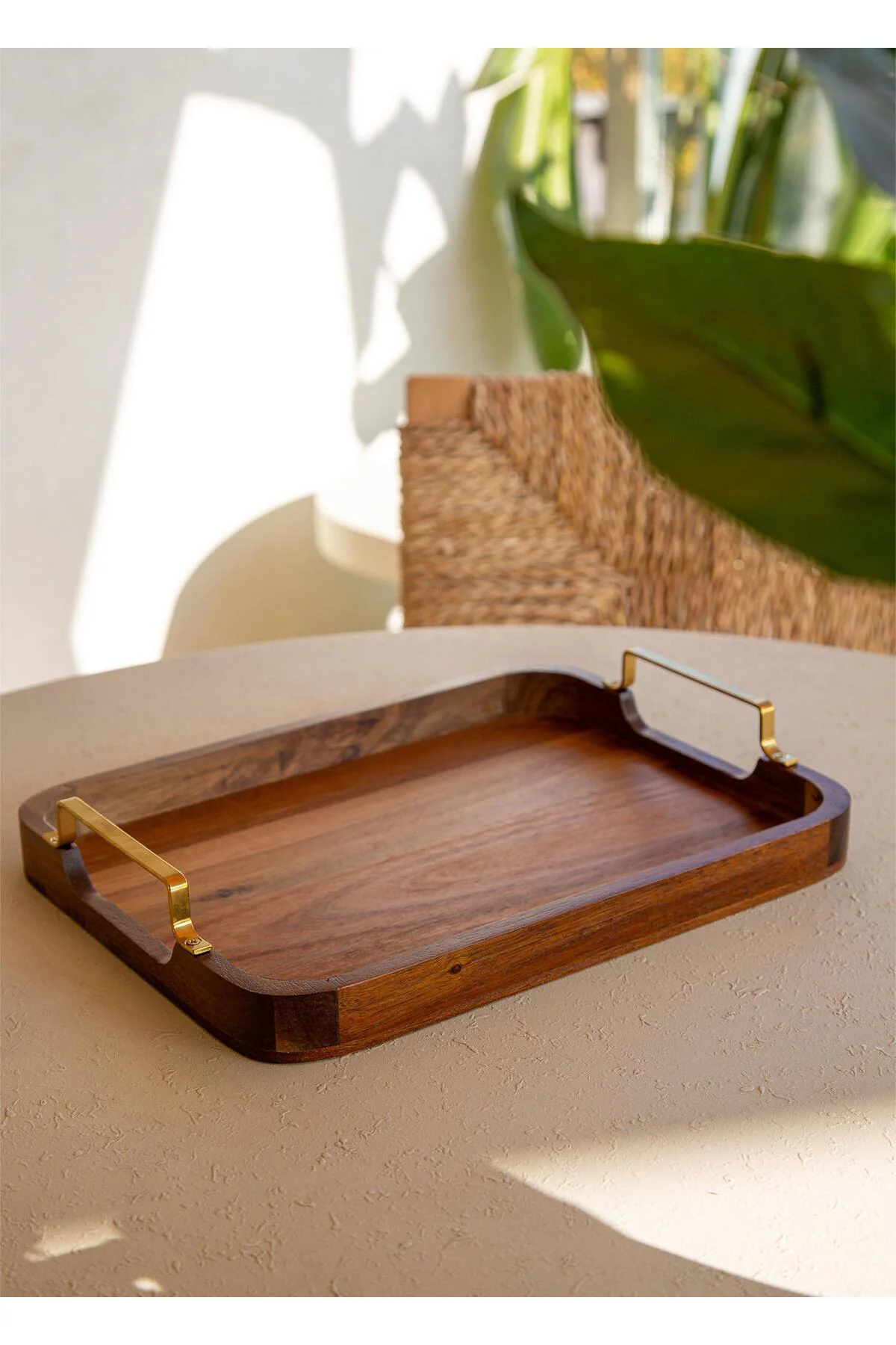 Natura Metal Kollu Akasya Tepsi 38x28 cm