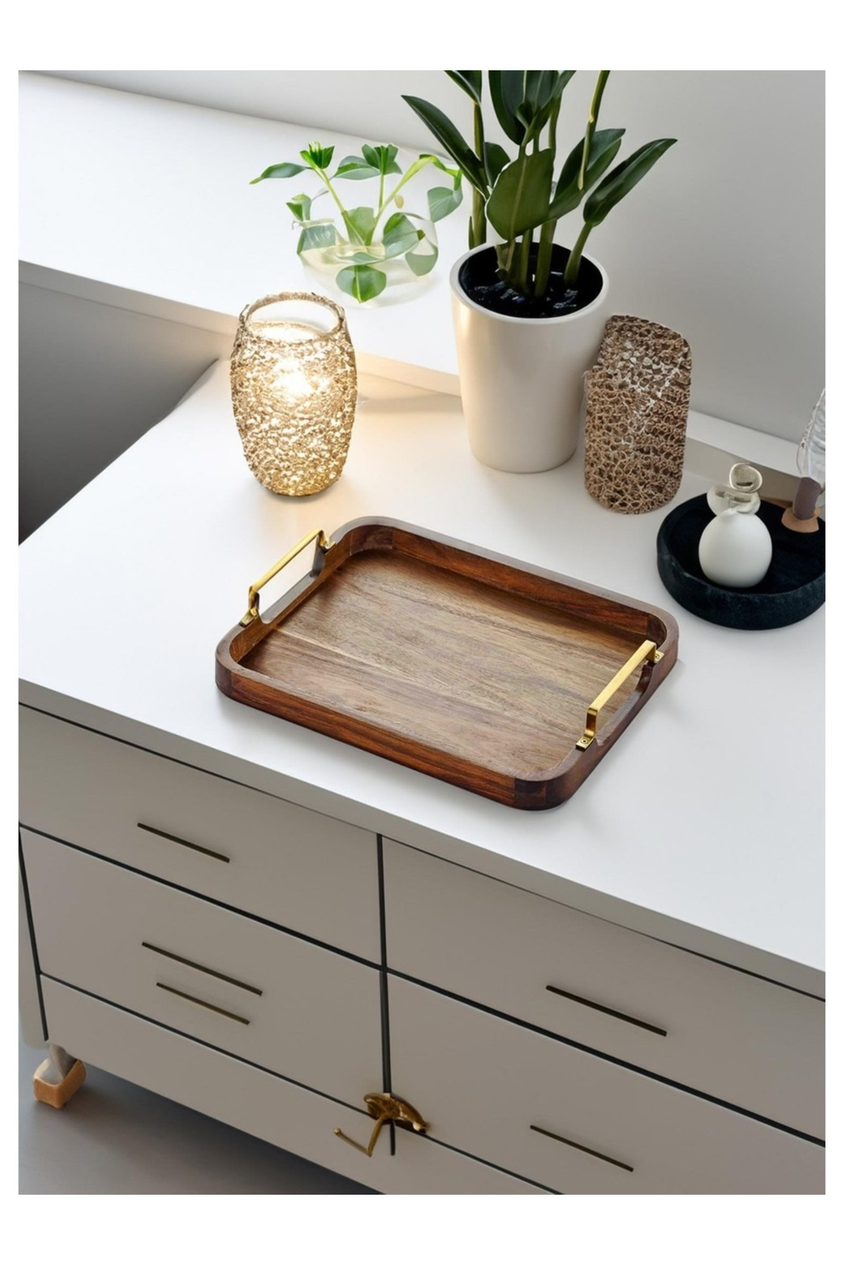 Elif Aksesuar Natura Metal Kollu Akasya Tepsi 30X23 Cm