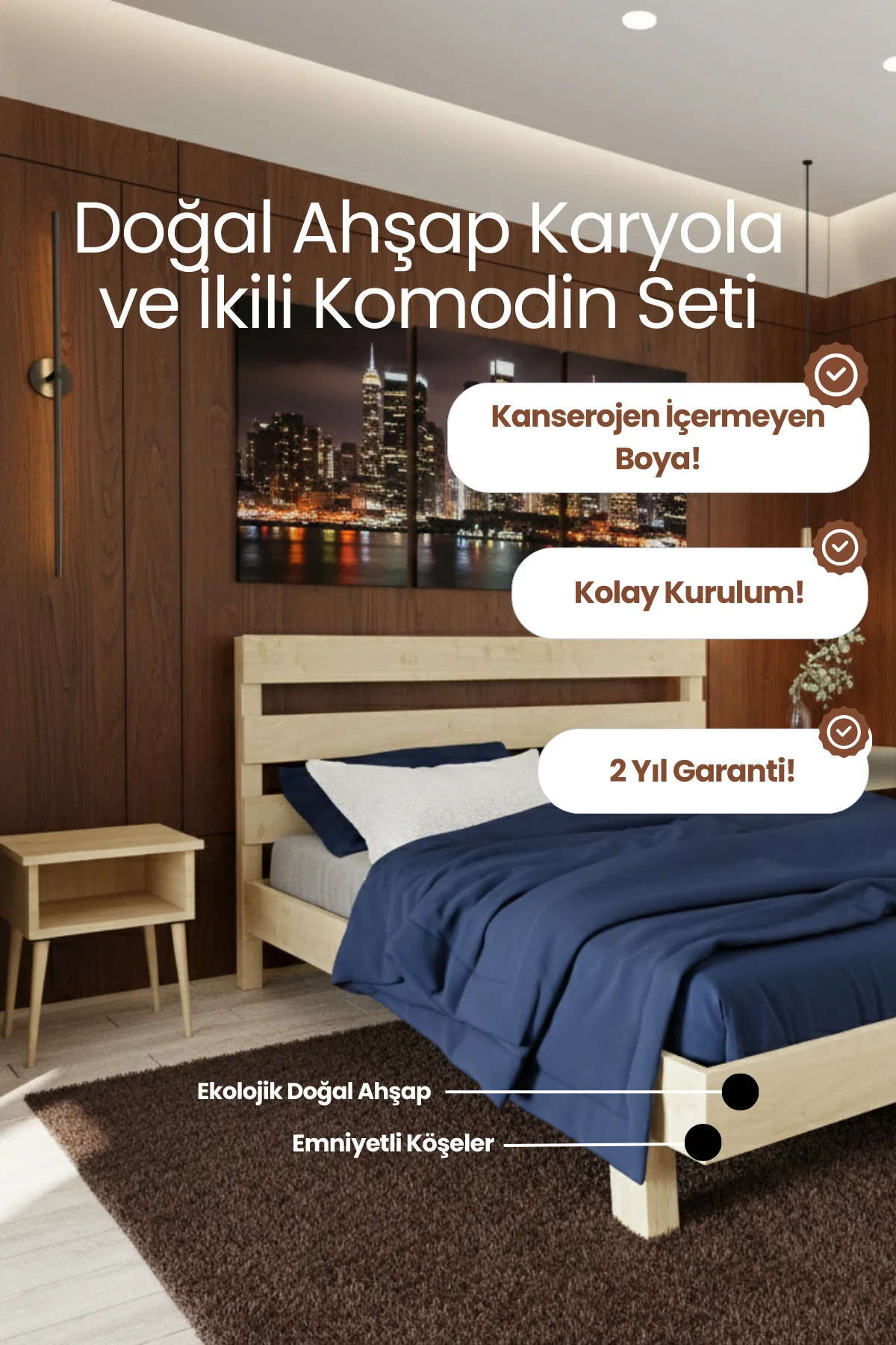 Natura New Masif Çam Karyola Ve İki Adet Komodin Seti- Modern Yatak Odası Takımı Fiyatı, Yorumları ve Özellikleri
