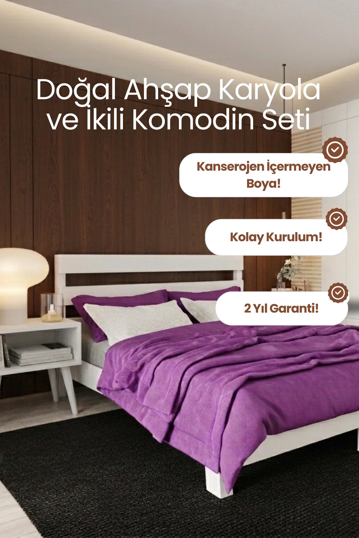 Natura New Model Masif Ahşap Karyola ve 2 Adet Komodin Kolay Kurulum Fırınlanmış İthal Sibirya Çamı 100x200 Yatak Uyumlu 2 Adet Komodin