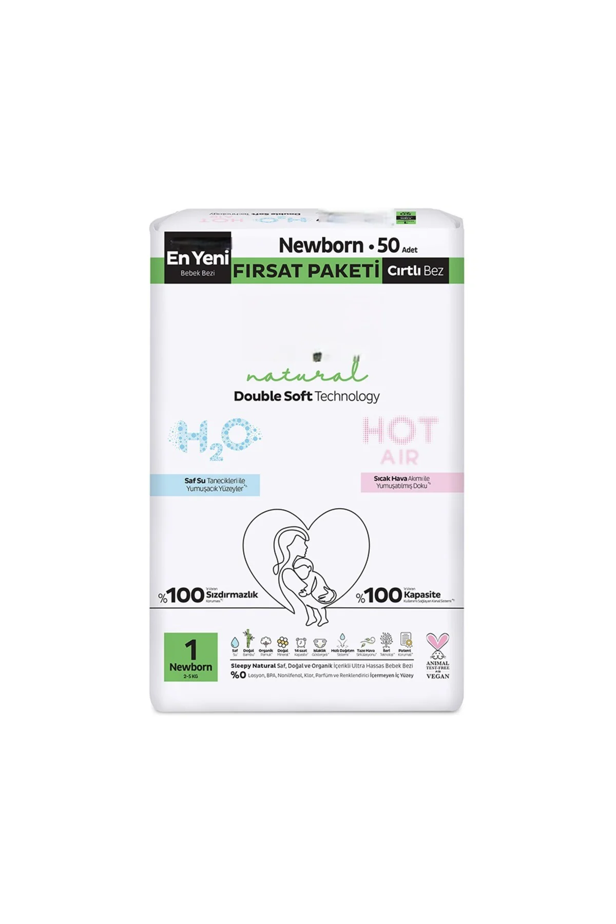 Natural Double Soft Bebek Bezi Fırsat Paketi 1 Beden 50 Adet