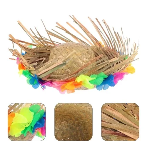 Natural Renkli Püsküllü Örme Hasır Hawaii Şapka
