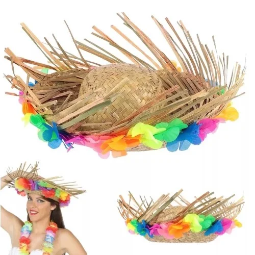 Natural Renkli Püsküllü Örme Hasır Hawaii Şapka