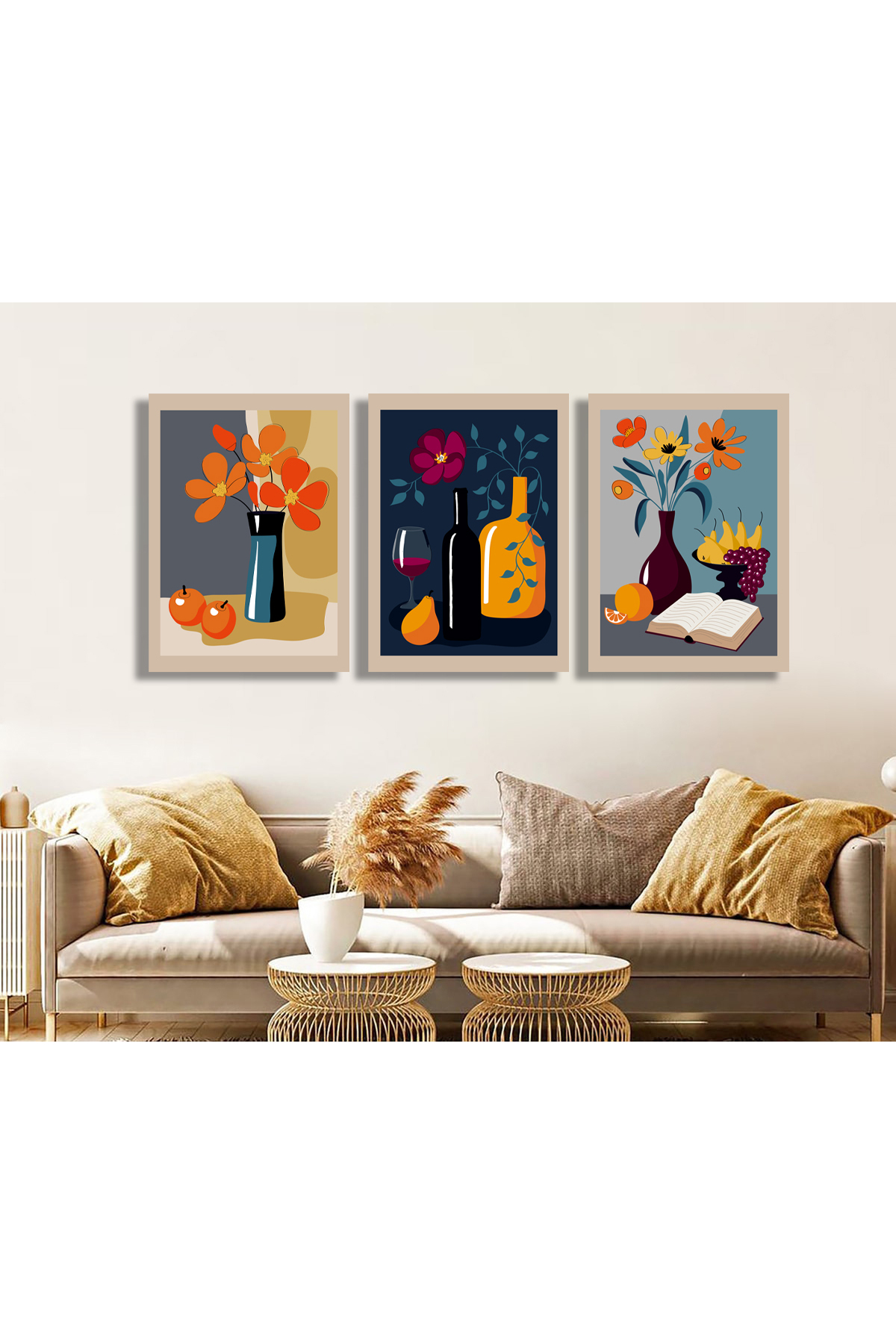 Korkmazkanvas Natürmort, Elle Boyanmış Vazodaki Çiçekler. 3'Lü Kanvas Tablo