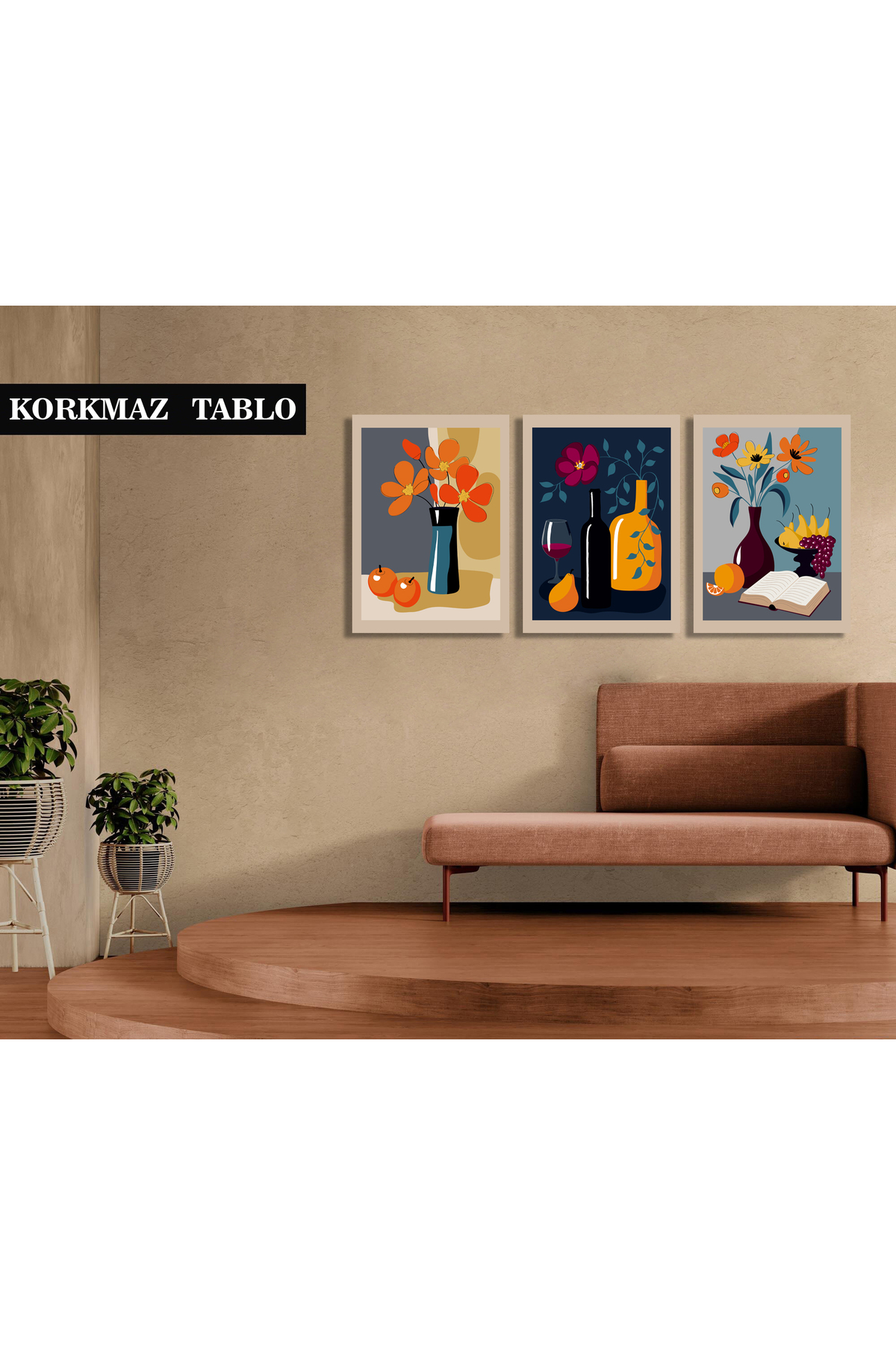 Korkmazkanvas Natürmort, Elle Boyanmış Vazodaki Çiçekler. 3'Lü Kanvas Tablo