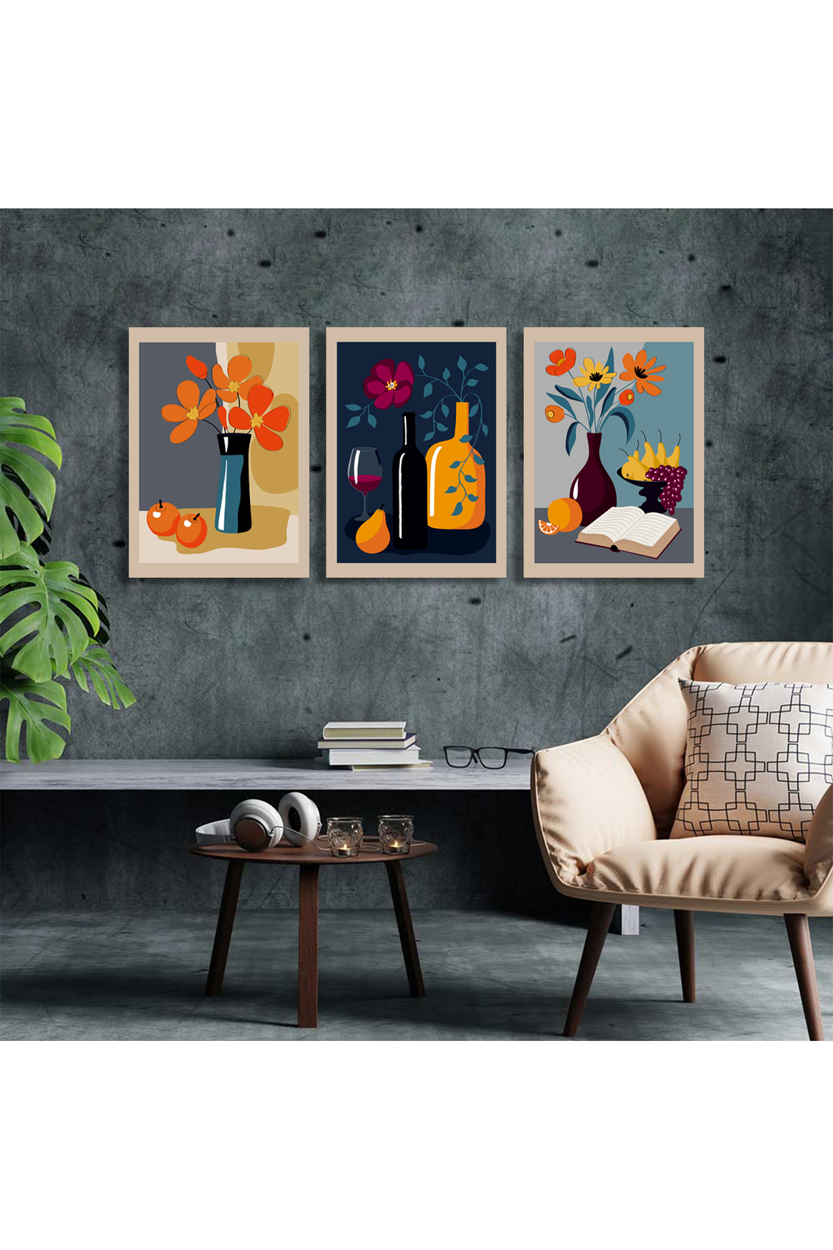 Korkmazkanvas Natürmort, Elle Boyanmış Vazodaki Çiçekler. 3'Lü Kanvas Tablo