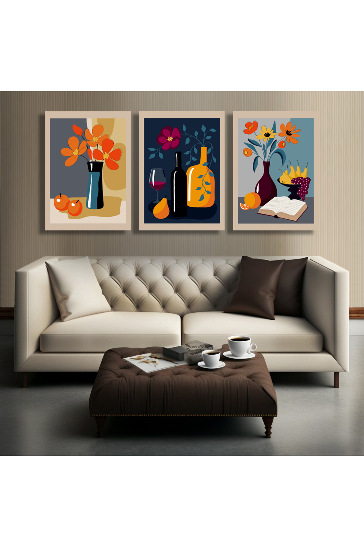 Korkmazkanvas Natürmort, Elle Boyanmış Vazodaki Çiçekler. 3'Lü Kanvas Tablo