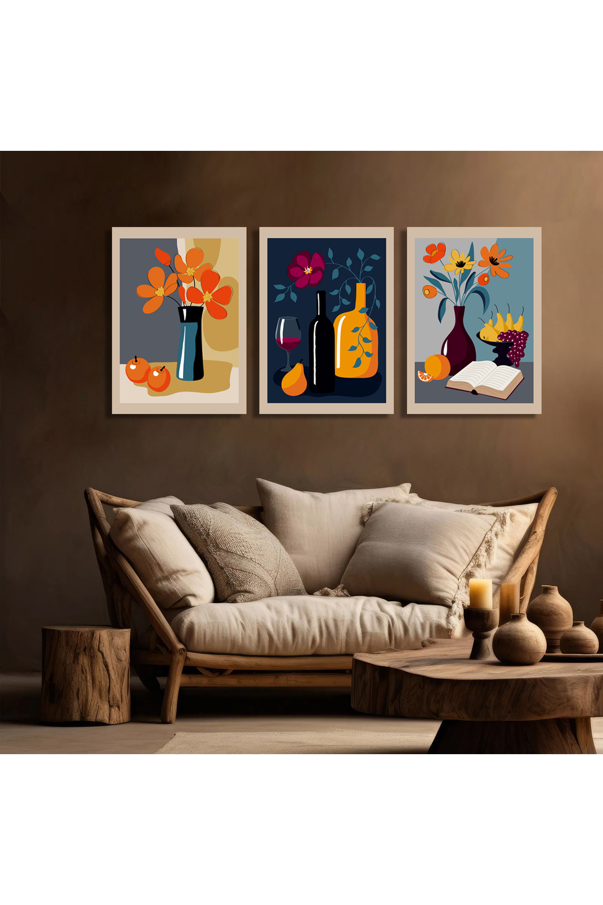 Korkmazkanvas Natürmort, Elle Boyanmış Vazodaki Çiçekler. 3'Lü Kanvas Tablo