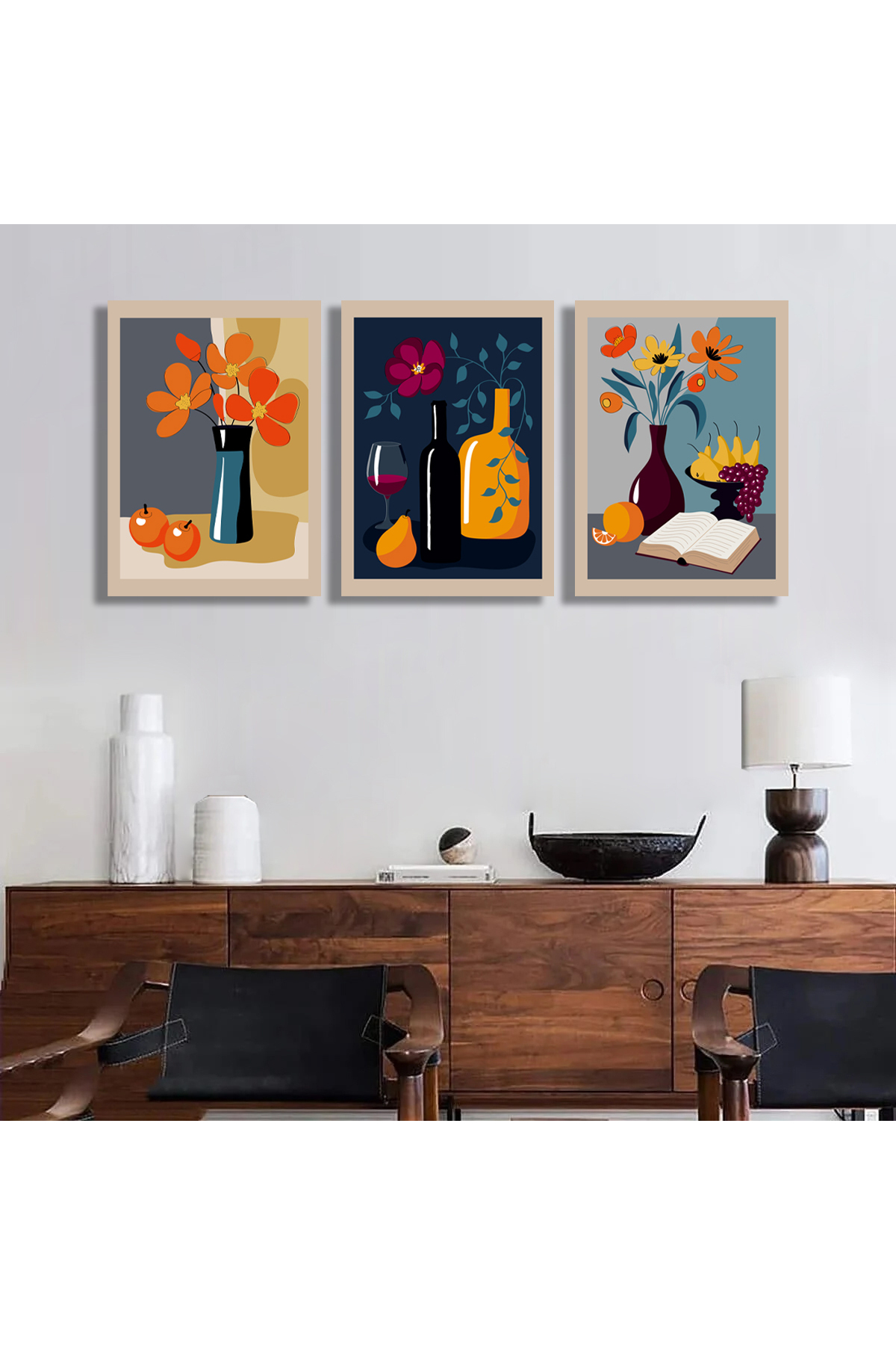 Korkmazkanvas Natürmort, Elle Boyanmış Vazodaki Çiçekler. 3'Lü Kanvas Tablo