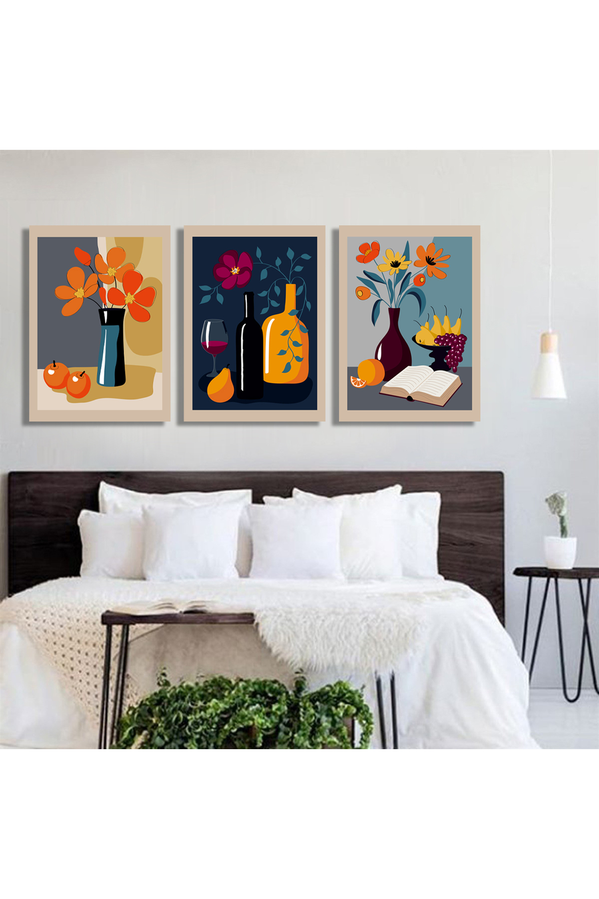 Korkmazkanvas Natürmort, Elle Boyanmış Vazodaki Çiçekler. 3'Lü Kanvas Tablo