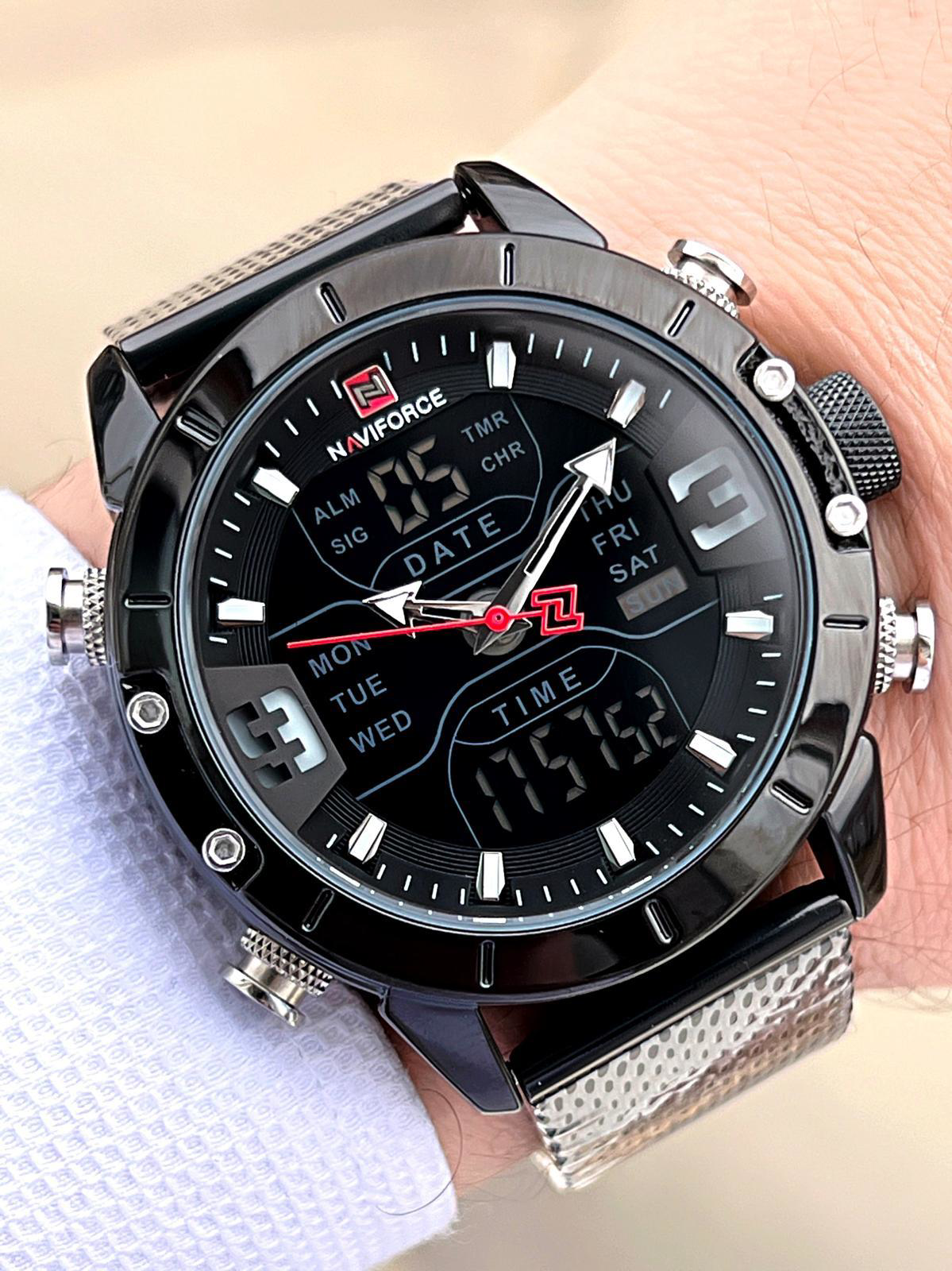 Naviforce Çelik Kordon Dijital/Analog Alarm+Kronometre+Aydınlama 
