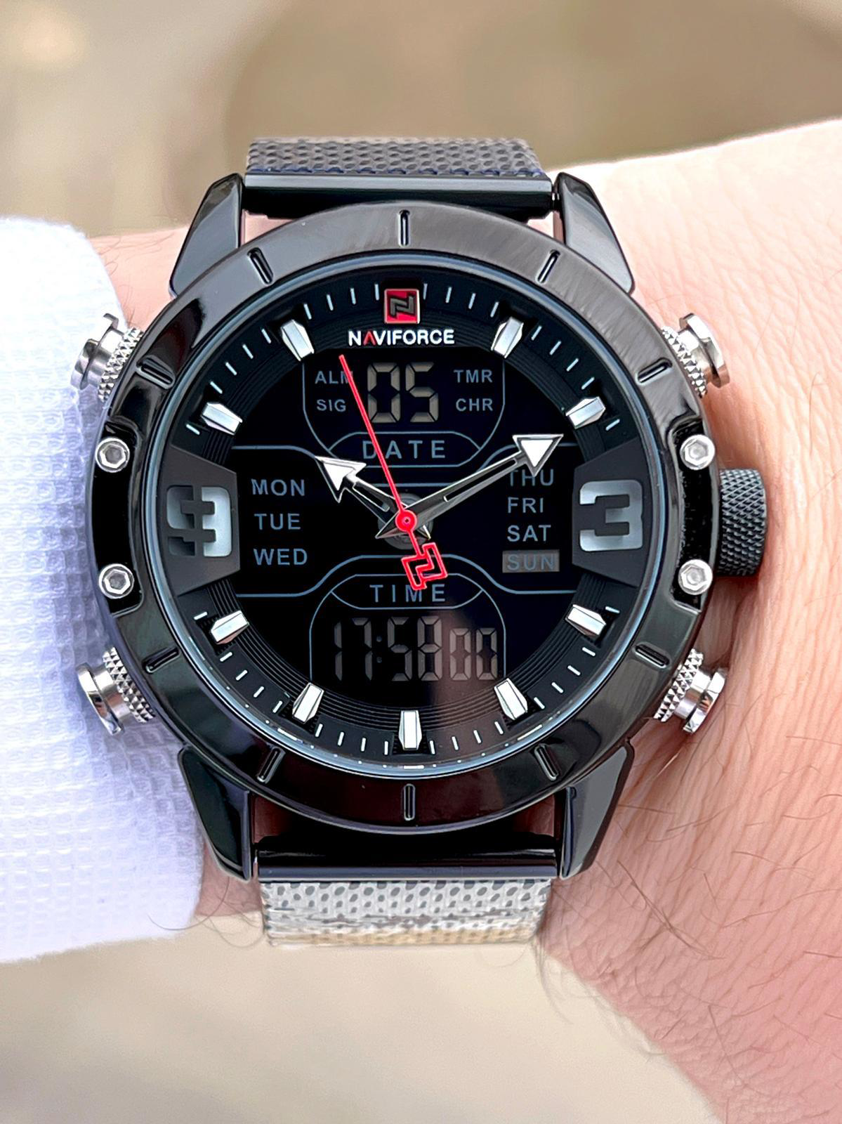 Naviforce Çelik Kordon Dijital/Analog Alarm+Kronometre+Aydınlama 