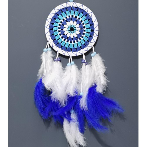 Nazar Boncuğu Desenli Bol Kuş Tüylü Beyaz Renk Dream Catcher El Y