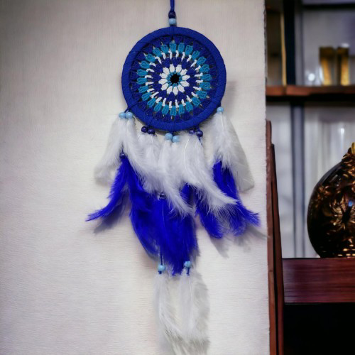 Nazar Boncuğu Desenli Bol Kuş Tüylü Lacivert Dream Catcher El Yap