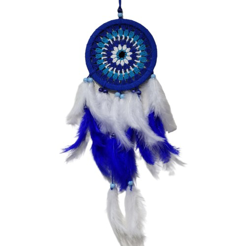 Nazar Boncuğu Desenli Bol Kuş Tüylü Lacivert Dream Catcher El Yap