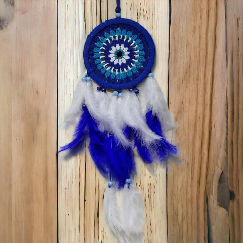 Nazar Boncuğu Desenli Bol Kuş Tüylü Lacivert Dream Catcher El Yap