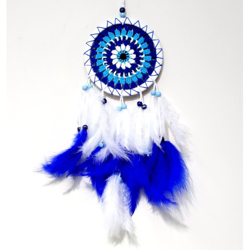 Nazar Boncuğu Desenli Bol Kuş Tüylü Beyaz Renk Dream Catcher El Y