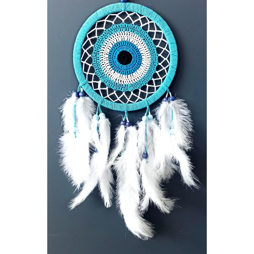 Nazar Boncuğu Motifli Turkuaz Rengi Dream Catcher Beyaz Kuş Tüylü