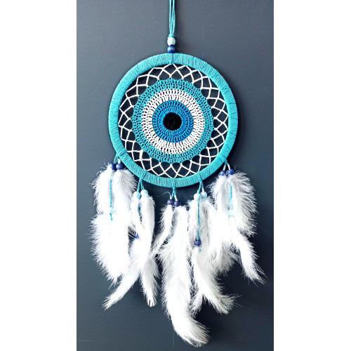 Nazar Boncuğu Motifli Turkuaz Rengi Dream Catcher Beyaz Kuş Tüylü