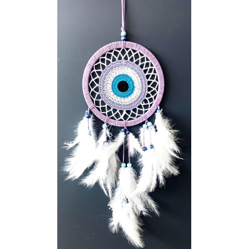 Nazar Boncuğu Motifli Lila Rengi Dream Catcher Düş Kapanı Duvar S