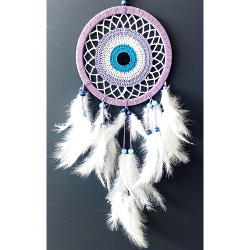 Nazar Boncuğu Motifli Lila Rengi Dream Catcher Düş Kapanı Duvar S
