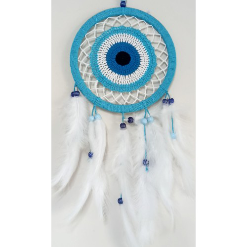 Nazar Boncuğu Motifli Turkuaz Rengi Dream Catcher Beyaz Kuş Tüylü