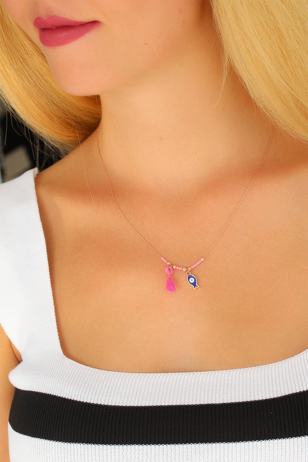 Stillove Nazar Boncuklu Pembe Renk Taşlı Rose Bayan Kolye Sl11883