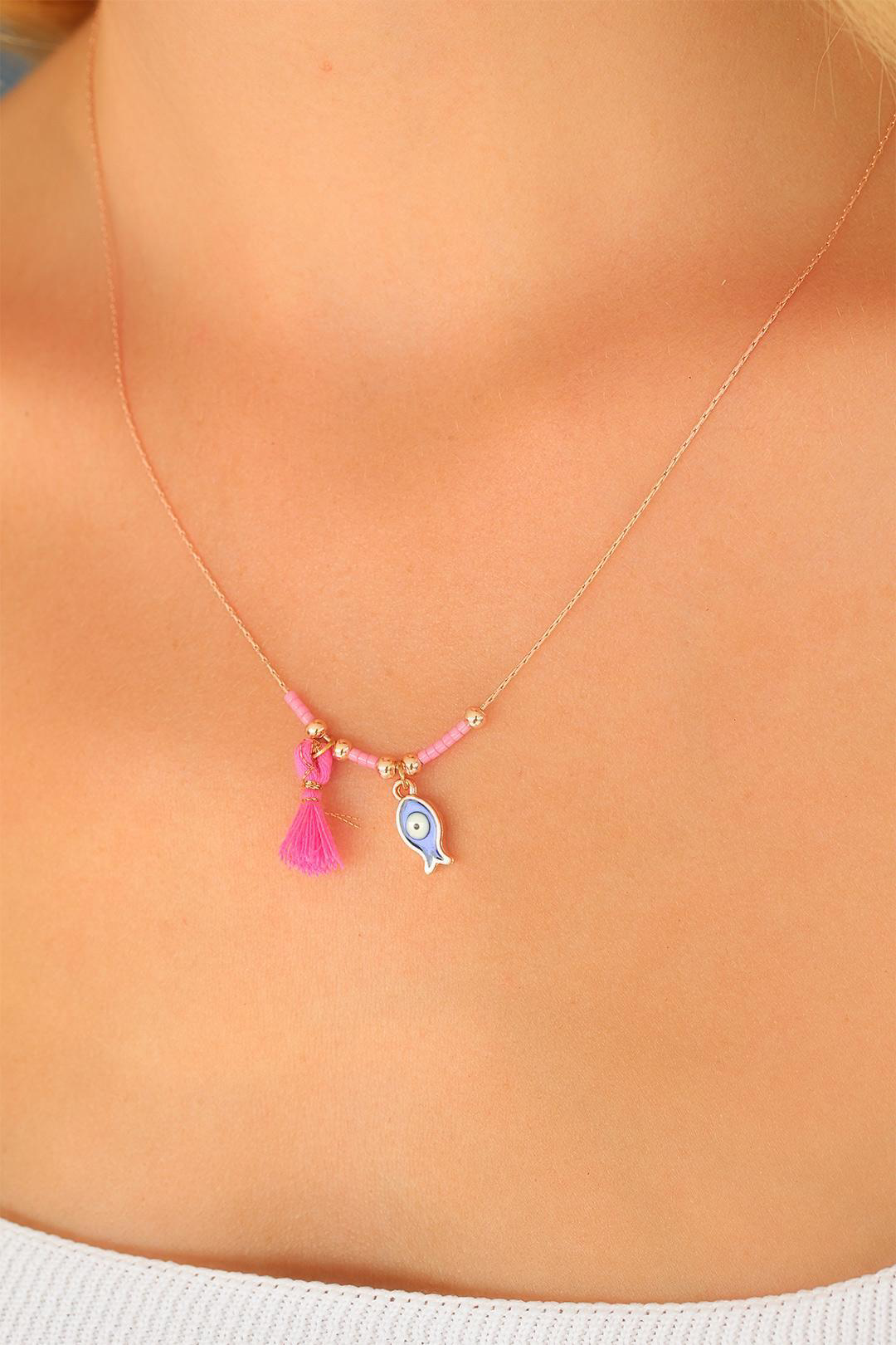 Nazar Boncuklu Pembe Renk Taşlı Rose Bayan Kolye - TJ-BKO4372