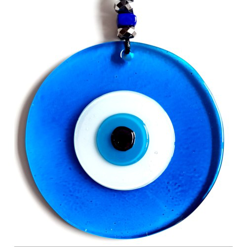 Nazar Boncuklu El Yapımı Deri İpli Açık Mavi Şeffaf Cam Duvar Süs