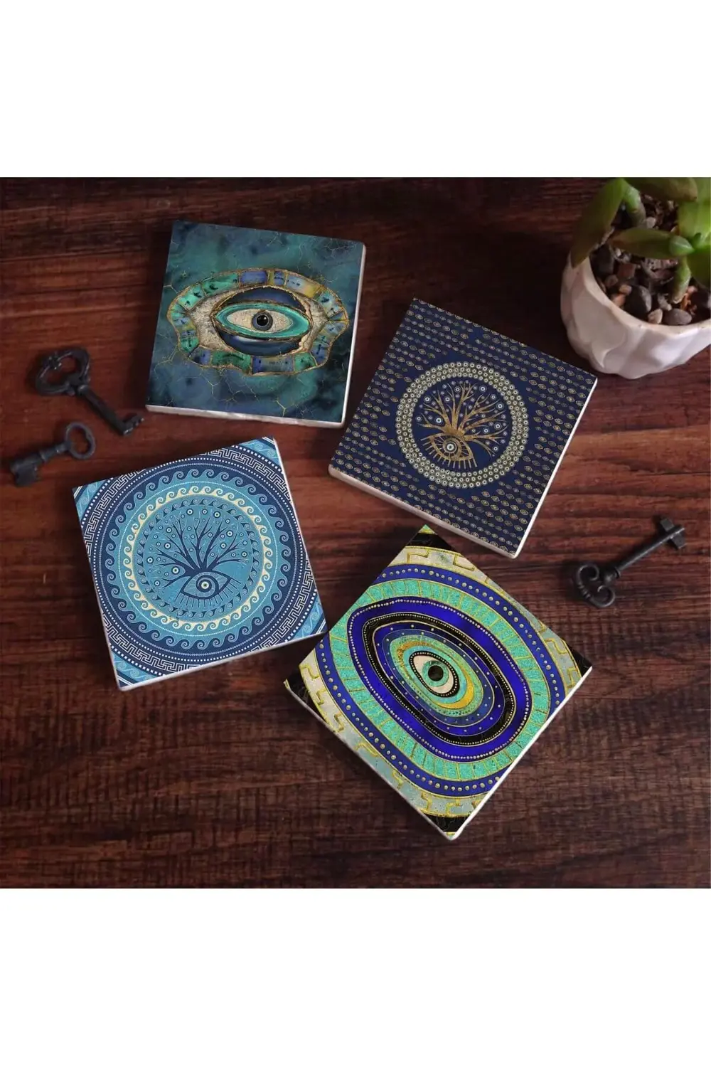 Nazar Taş Altlığı Seti - 4 Parça - Dekoratif, Mutfak Aksesuarı, 1