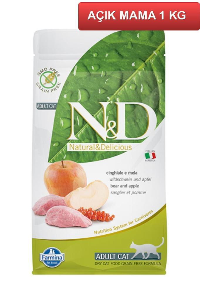 ND Tahılsız Yaban Domuzu Etli Elmalı Kedi Maması 1 Kg AÇIK ND Tahılsız Yaban Domuzu Etli Elmalı Kedi Maması 1 Kg AÇIK