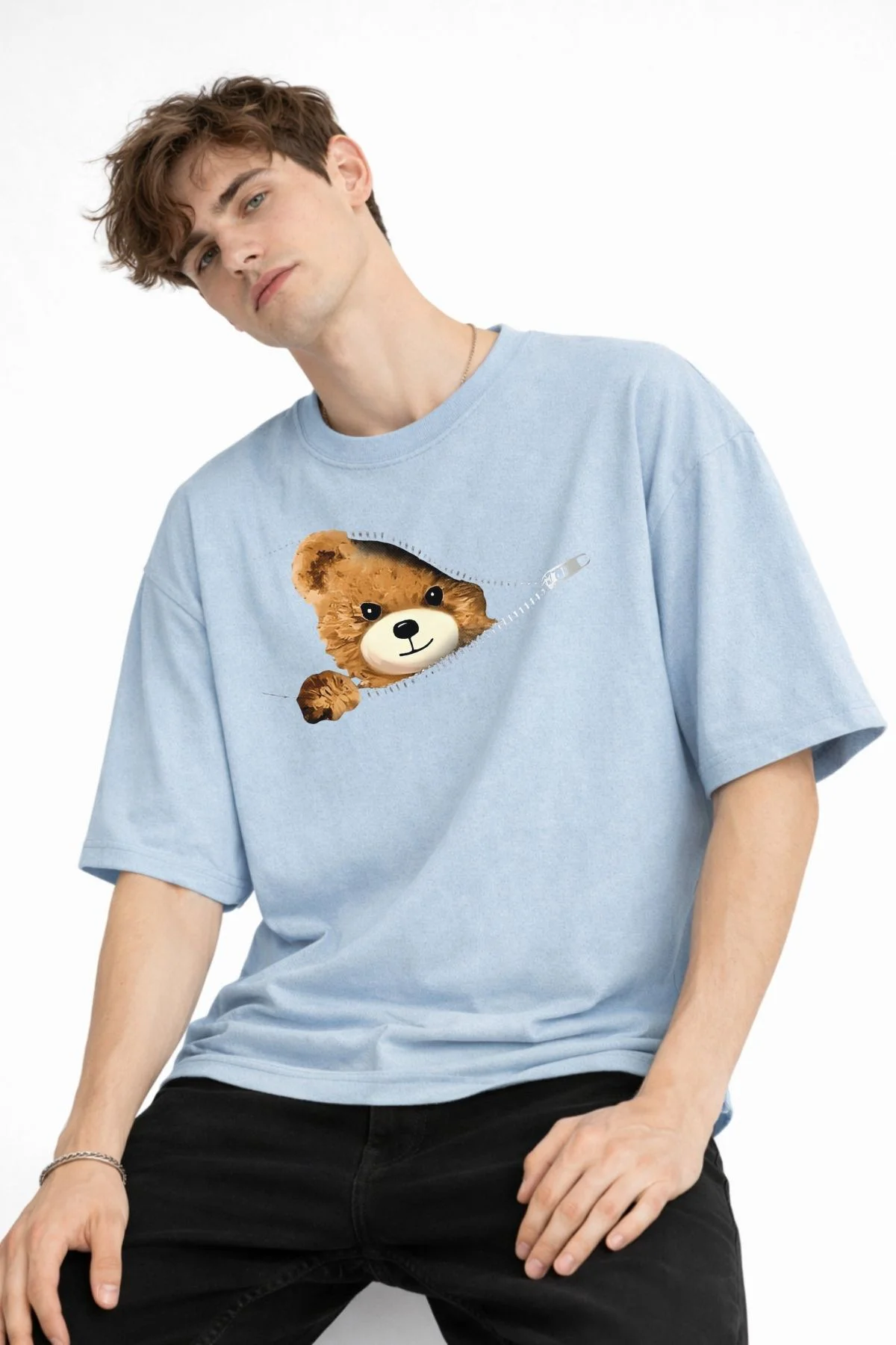 NE - Bear Baskılı Oversize Tişört AÇIK MAVİ