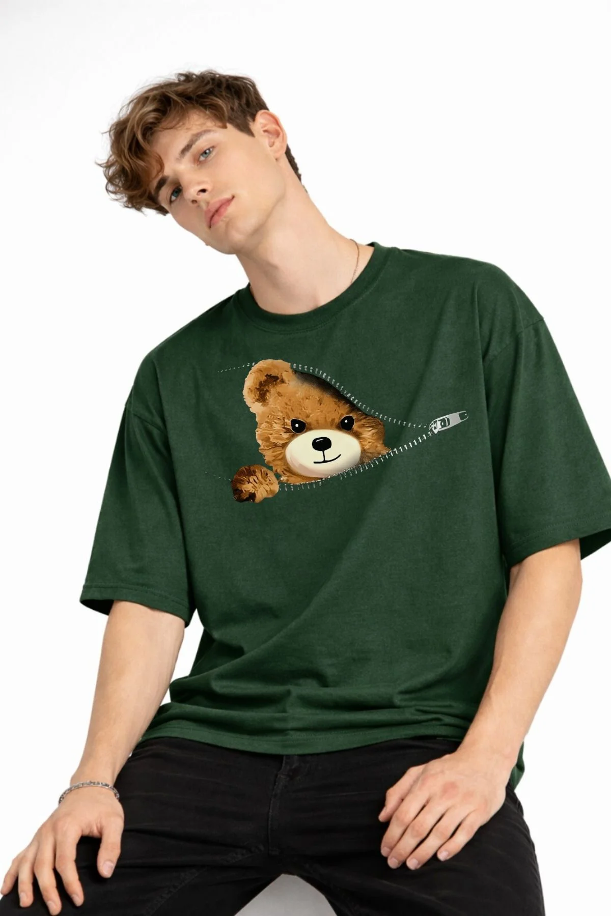 NE - Bear Baskılı Oversize Tişört HAKI