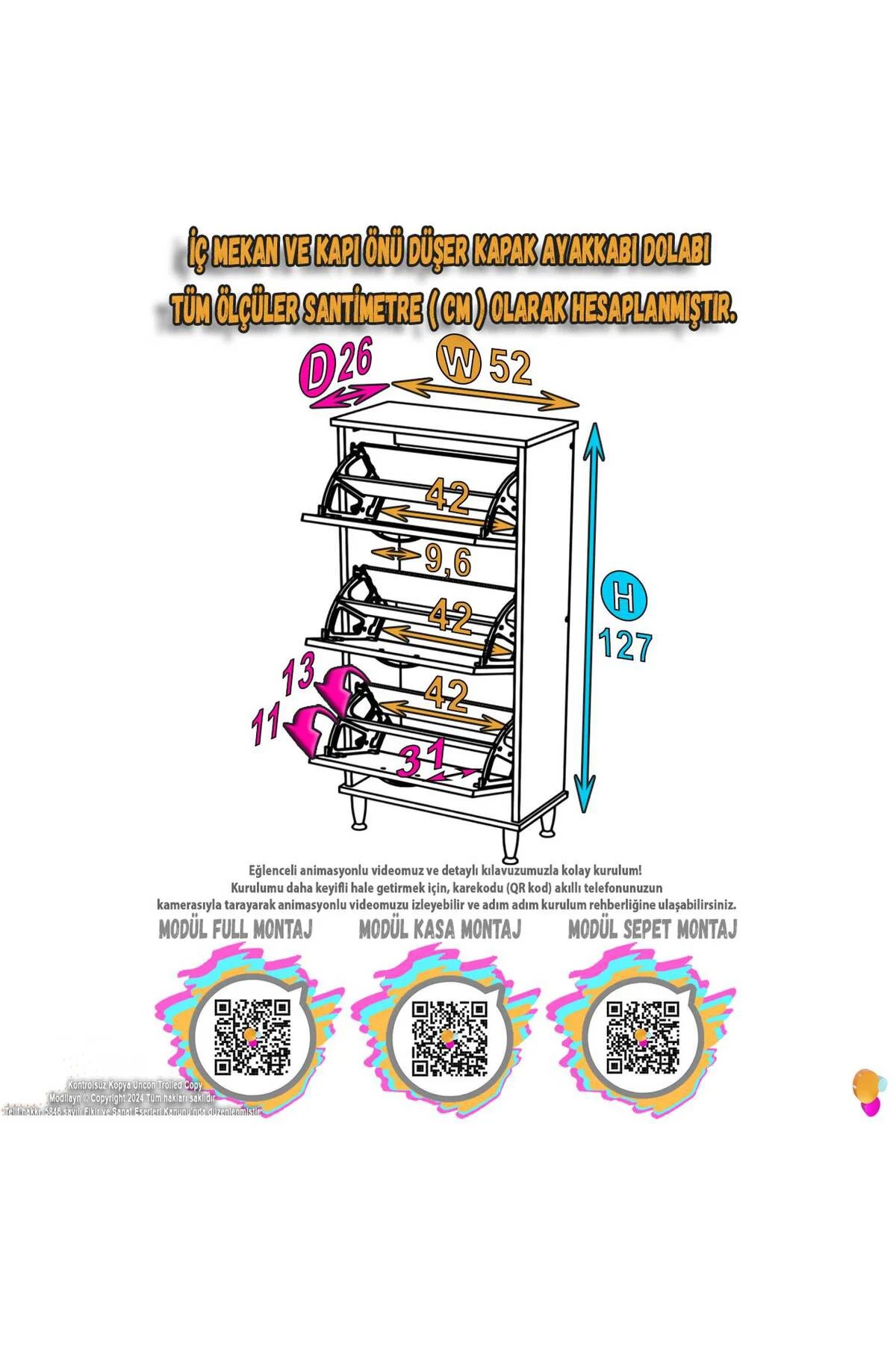 Nefes Ayaklı 52 cm Ayakkabılık Kapı Önü/Antre 3 Düşer Kapaklı Cev