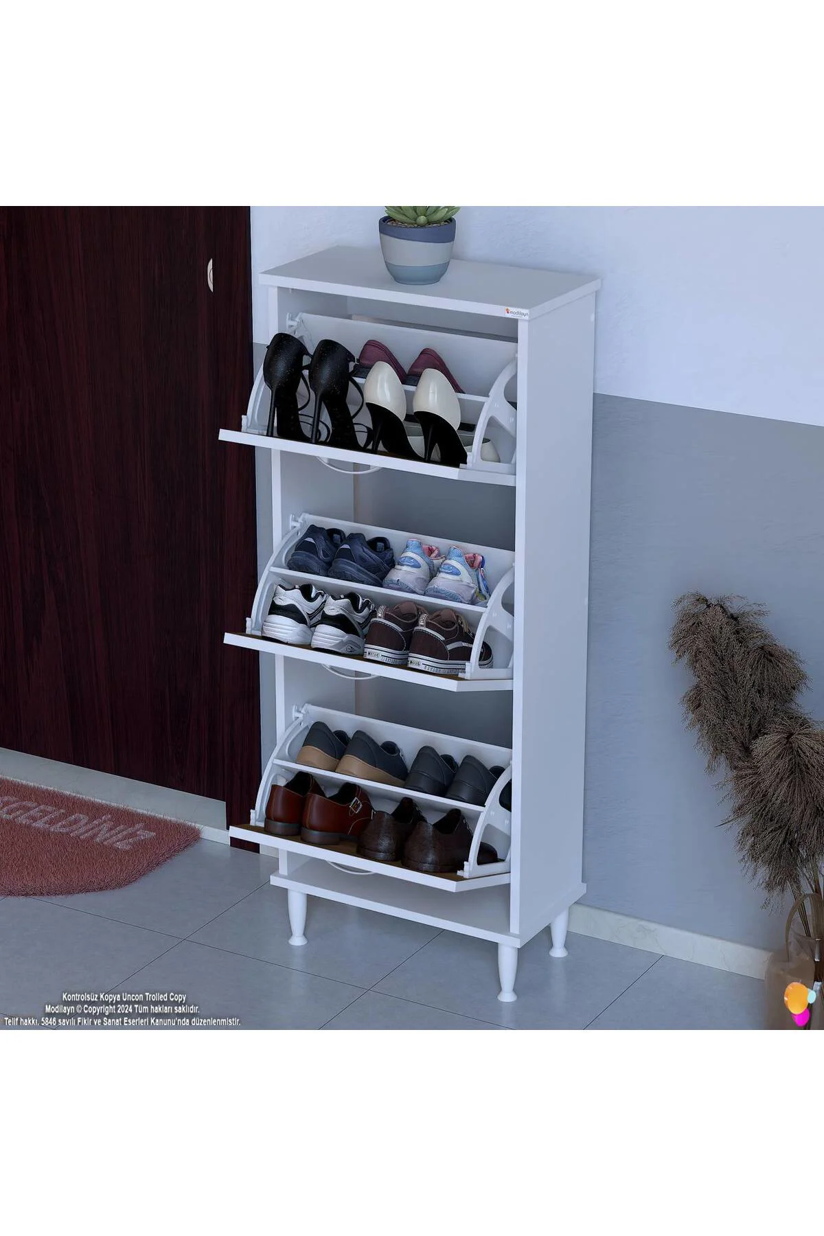 Nefes Ayaklı 52 cm Ayakkabılık Kapı Önü/Antre 3 Düşer Kapaklı Cev